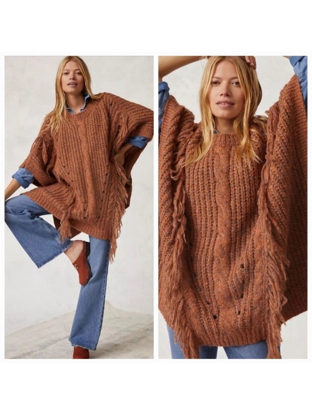 Anthropologie Boho Westerncore Fringe Poncho Sweater Cable Knit Brown NWT OS